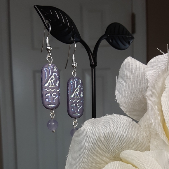 Hand Crafted Egyptian Cartouche Earrings  Purple  Pierced Hielogryphics - Picture 3 of 5
